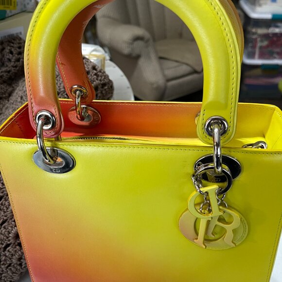 2014 CHRISTIAN DIOR BOX CALFSKIN GRADIENT MEDIUM LADY DIOR YELLOW ORANGE W/STRAP - Picture 13 of 15